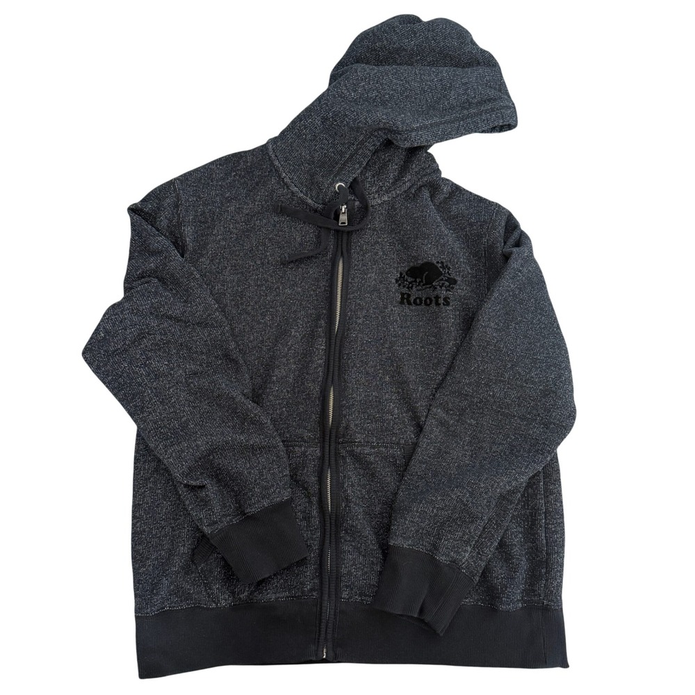 Roots Mens Salt and Pepper Full Zip Hoodie Charcoal‎ Grey Logo Sweatshirt Size L